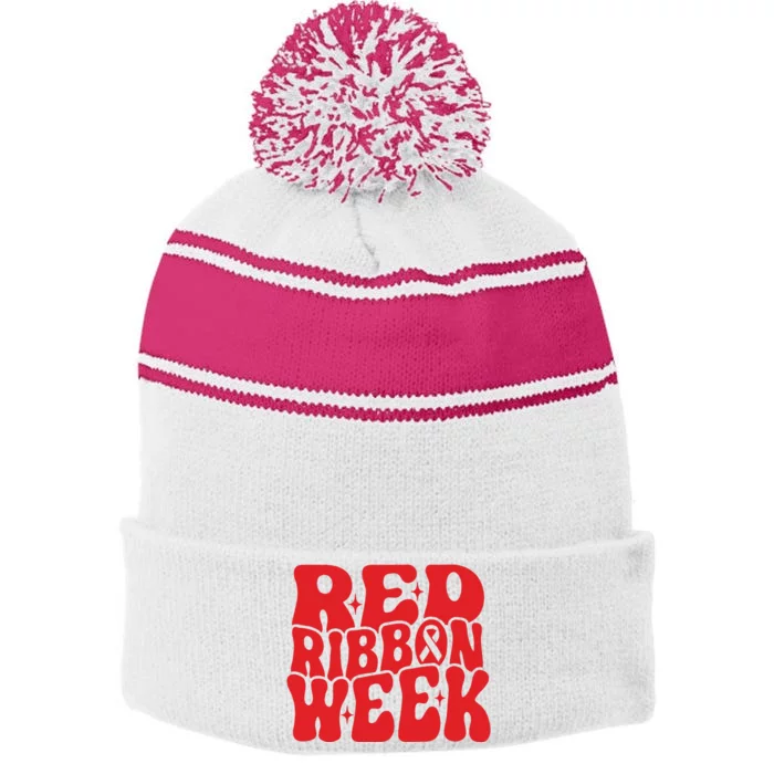 Red Ribbon Week Say Boo To Drugs Stripe Pom Pom Beanie