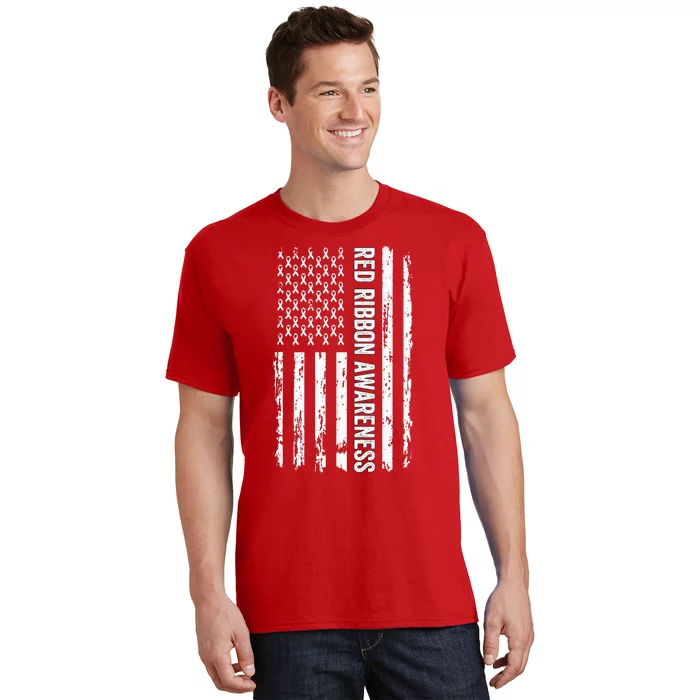 Red Ribbon Week Awareness American Flag Red Ribbon T-Shirt