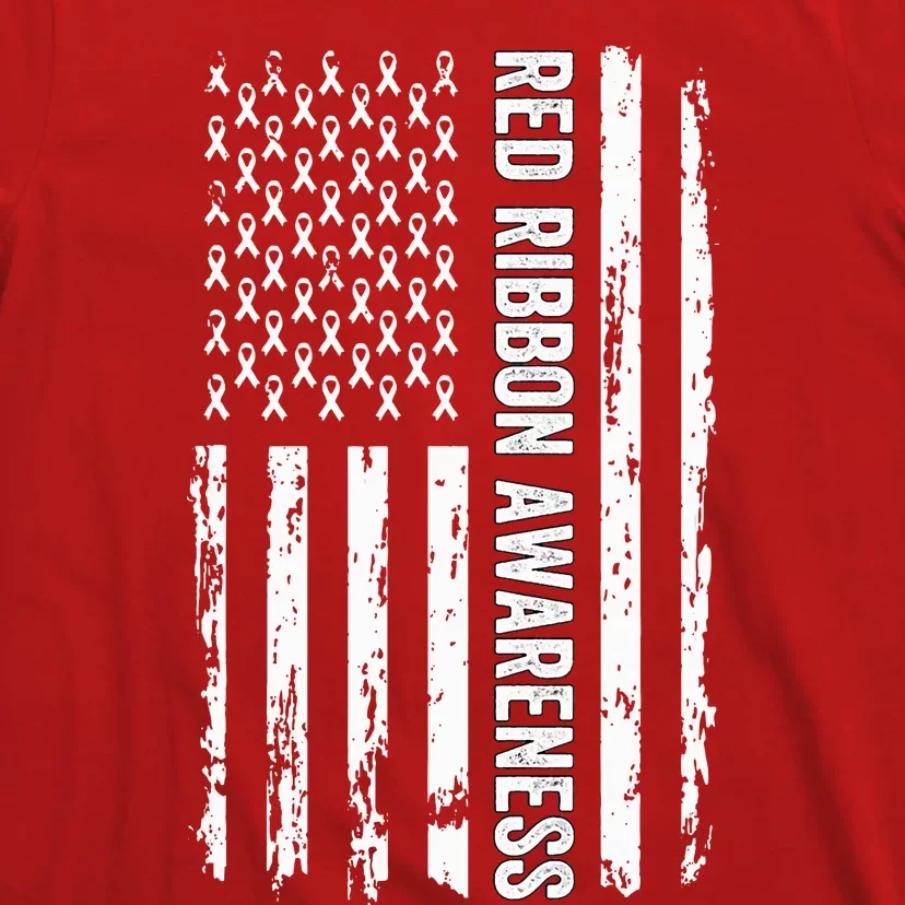 Red Ribbon Week Awareness American Flag Red Ribbon T-Shirt