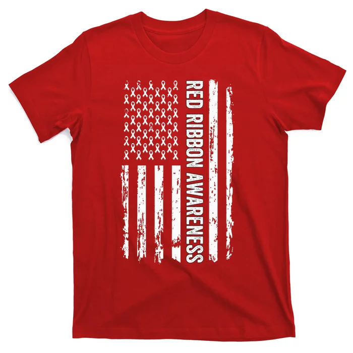 Red Ribbon Week Awareness American Flag Red Ribbon T-Shirt