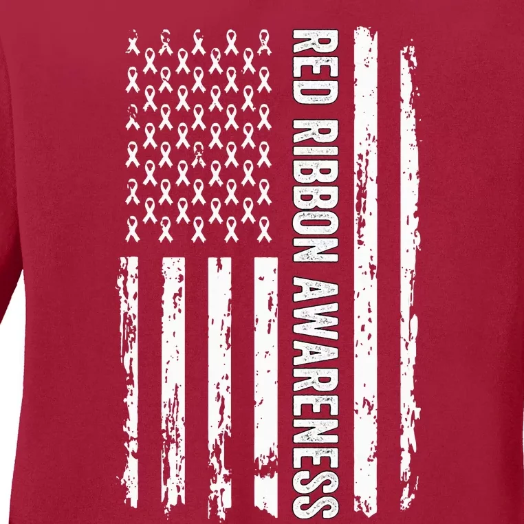 Red Ribbon Week Awareness American Flag Red Ribbon Ladies Long Sleeve Shirt