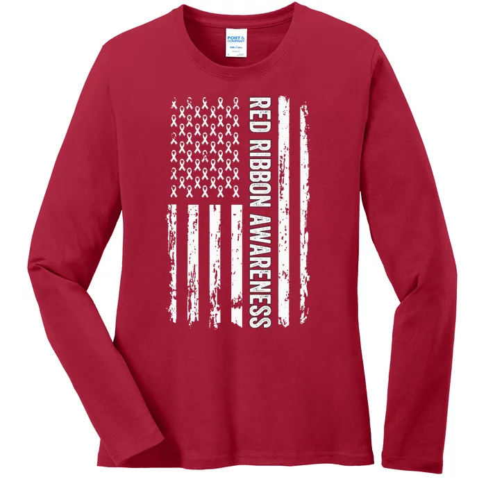 Red Ribbon Week Awareness American Flag Red Ribbon Ladies Long Sleeve Shirt