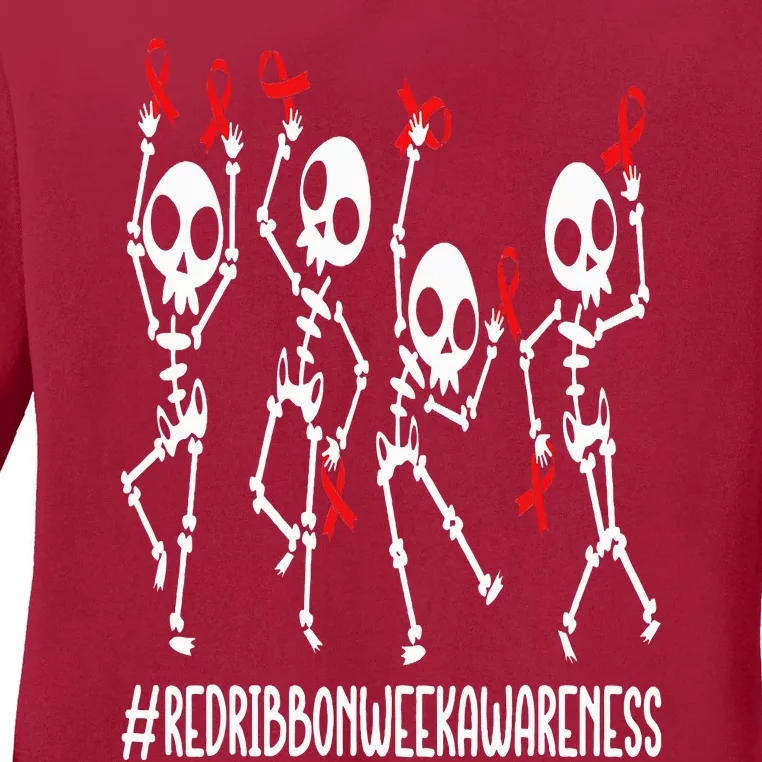 Red Ribbon week Awareness Skeleton Halloween Ladies Long Sleeve Shirt