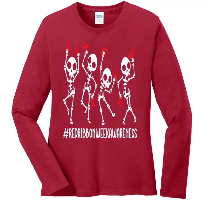 Red Ribbon week Awareness Skeleton Halloween Ladies Long Sleeve Shirt