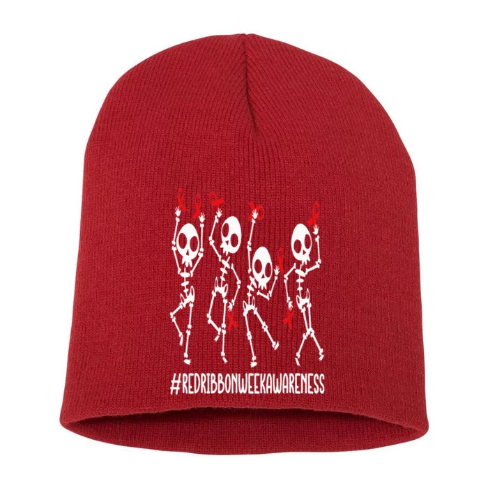 Red Ribbon week Awareness Skeleton Halloween Short Acrylic Beanie