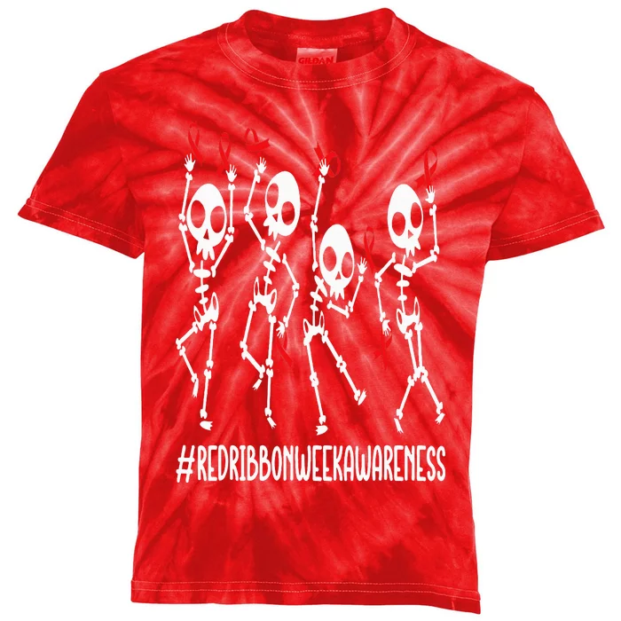 Red Ribbon week Awareness Skeleton Halloween Kids Tie-Dye T-Shirt