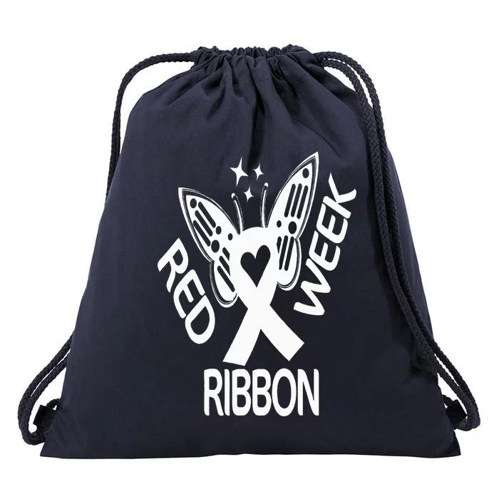 Red Ribbon Week Butterfly We Wear Red Ribbon Week Awareness Drawstring Bag