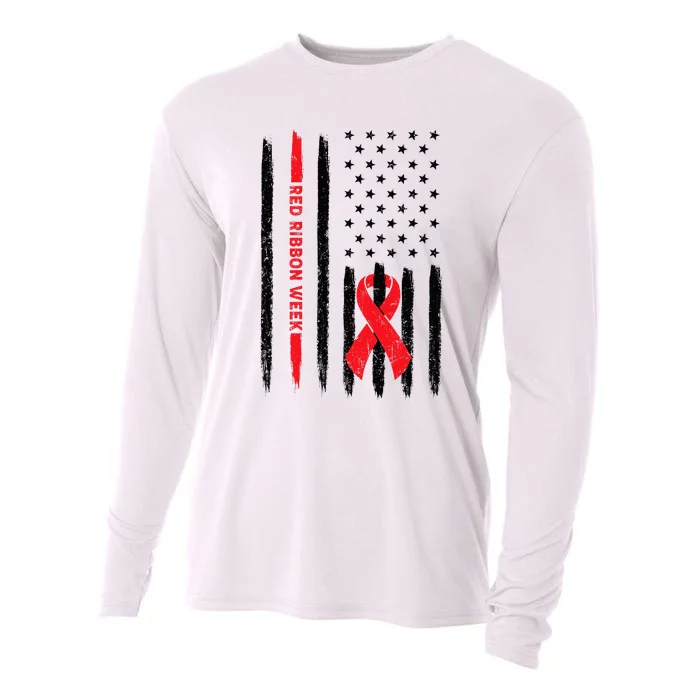 Red Ribbon Week American Flag Vintage Distressed Cooling Performance Long Sleeve Crew