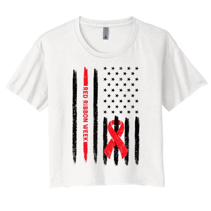 Red Ribbon Week American Flag Vintage Distressed Women's Crop Top Tee