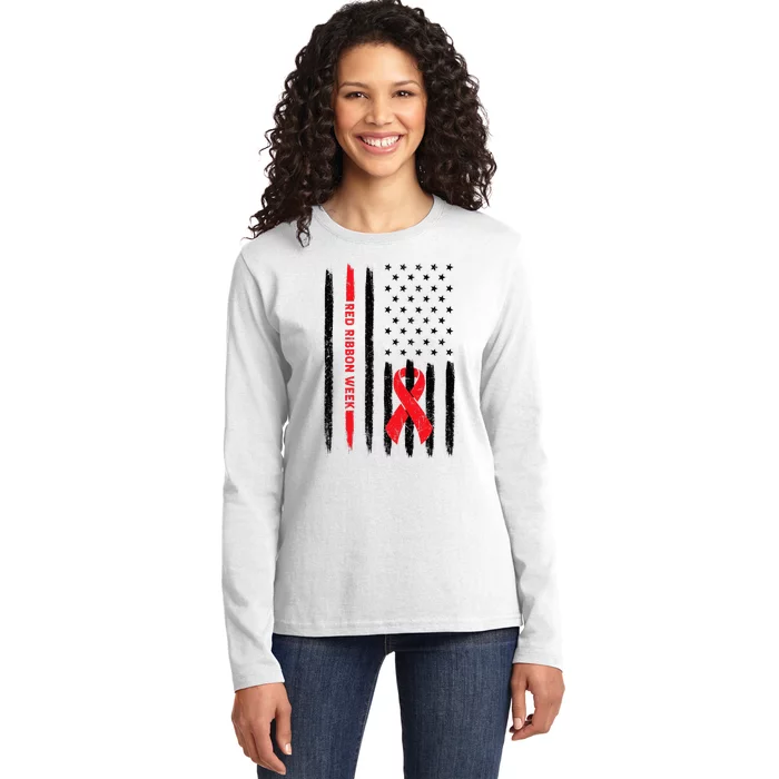 Red Ribbon Week American Flag Vintage Distressed Ladies Long Sleeve Shirt