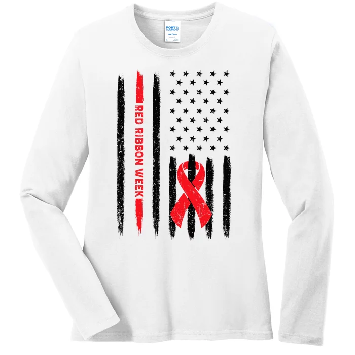 Red Ribbon Week American Flag Vintage Distressed Ladies Long Sleeve Shirt