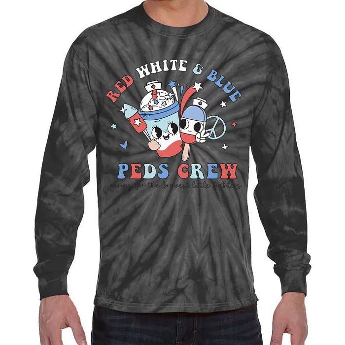 Retro Red White Blue Peds Crew 4th Of July Pediatric Nurse Tie-Dye Long Sleeve Shirt