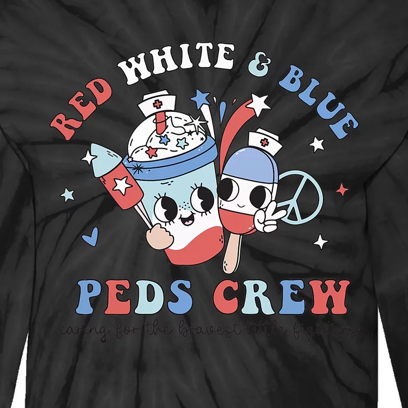 Retro Red White Blue Peds Crew 4th Of July Pediatric Nurse Tie-Dye Long Sleeve Shirt