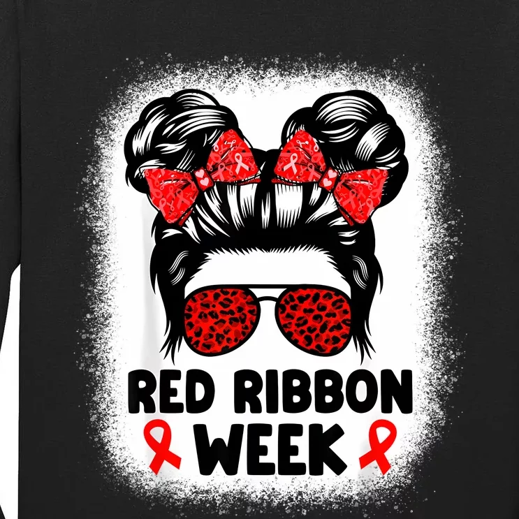 Red Ribbon Week Women Messy Bun Red Ribbon Week Awareness Tall Long Sleeve T-Shirt