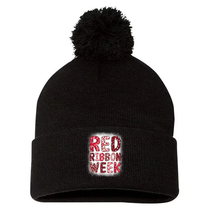 Red Ribbon Week Groovy Red Ribbon Awareness For Women Pom Pom 12in Knit Beanie