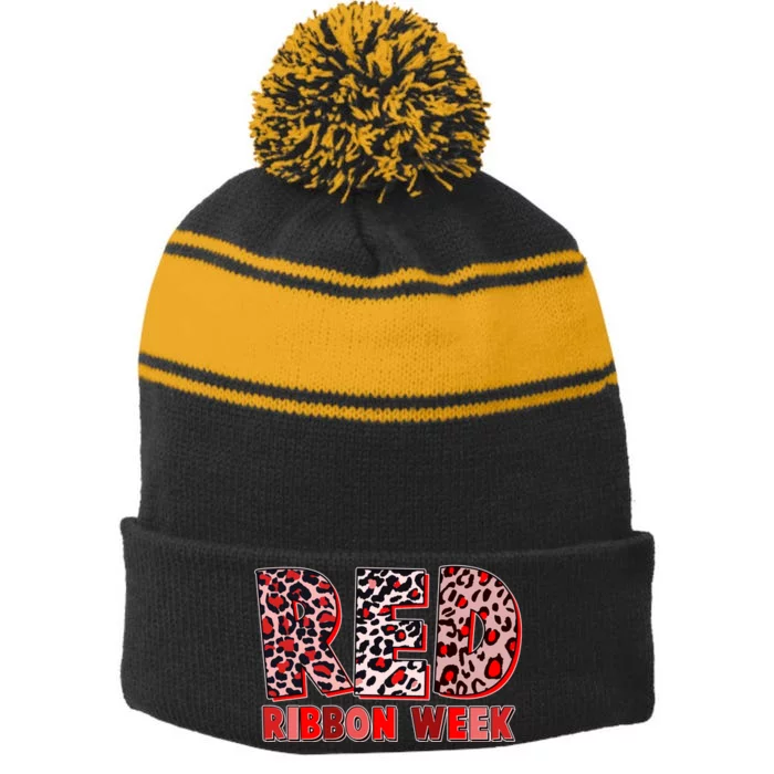 Red Ribbon Week Awareness Stripe Pom Pom Beanie