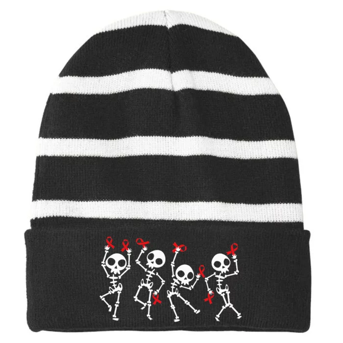 Red Ribbon week Awareness Skeleton Halloween Striped Beanie with Solid Band