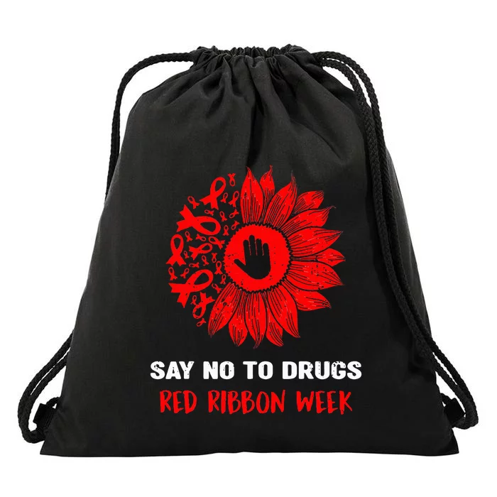 red ribbon week say no to drugs sunflower Drawstring Bag