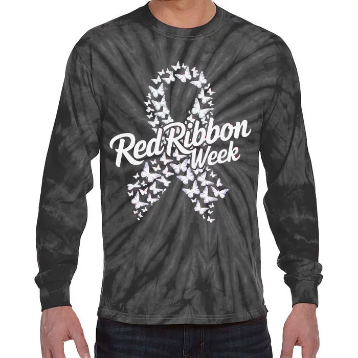 Red Ribbon Week 2024 Hope Love Support Red Ribbon Week Gift Tie-Dye Long Sleeve Shirt