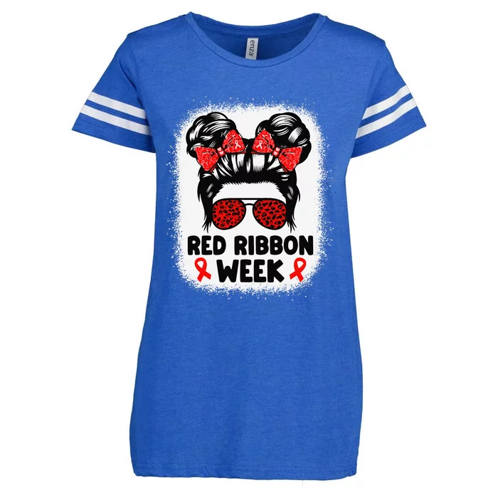 Red Ribbon Week Women Messy Bun Red Ribbon Week Awareness Gift Enza Ladies Jersey Football T-Shirt