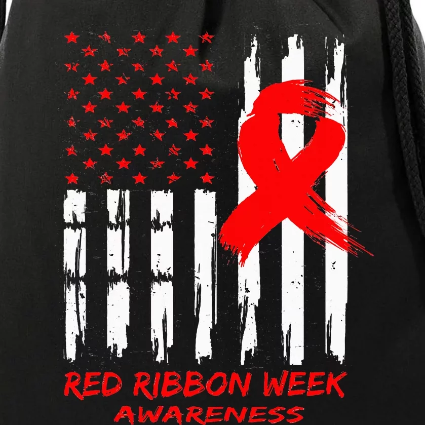 Red Ribbon Week Awareness American USA Flag Red Ribbon Week Drawstring Bag