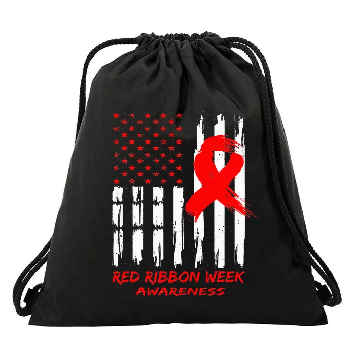 Red Ribbon Week Awareness American USA Flag Red Ribbon Week Drawstring Bag