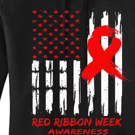 Red Ribbon Week Awareness American USA Flag Red Ribbon Week Women's Pullover Hoodie