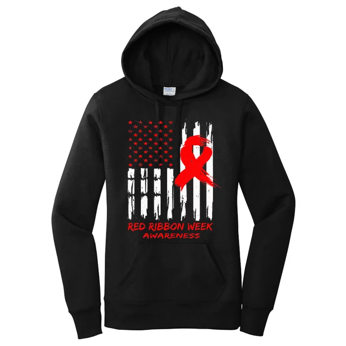 Red Ribbon Week Awareness American USA Flag Red Ribbon Week Women's Pullover Hoodie