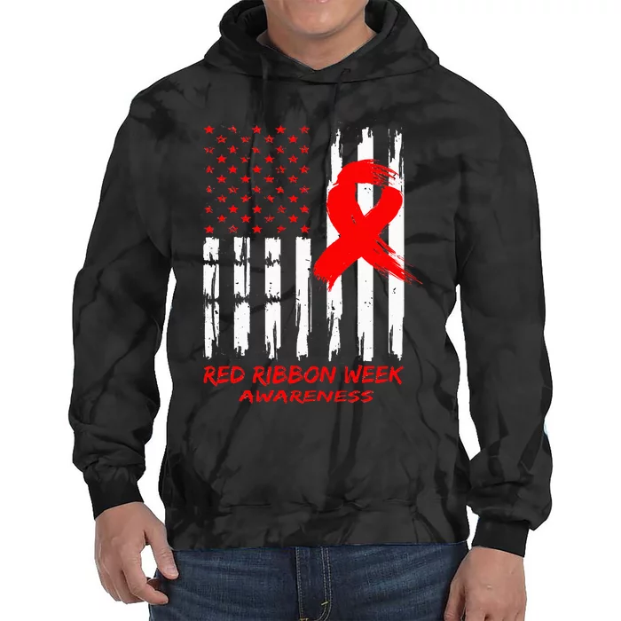 Red Ribbon Week Awareness American USA Flag Red Ribbon Week Tie Dye Hoodie