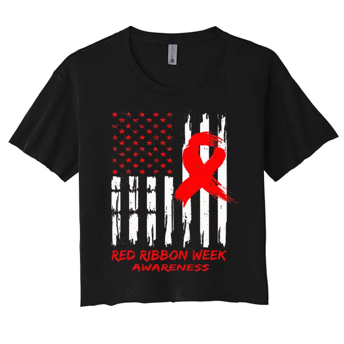 Red Ribbon Week Awareness American USA Flag Red Ribbon Week Women's Crop Top Tee