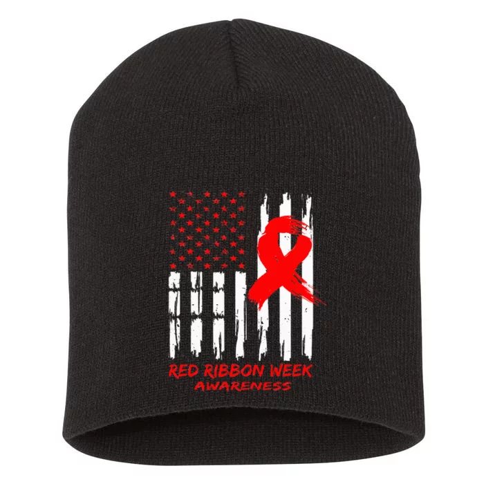 Red Ribbon Week Awareness American USA Flag Red Ribbon Week Short Acrylic Beanie