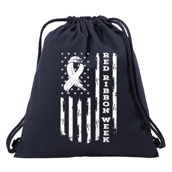 Red Ribbon Week American Flag Red Ribbon Week Drawstring Bag