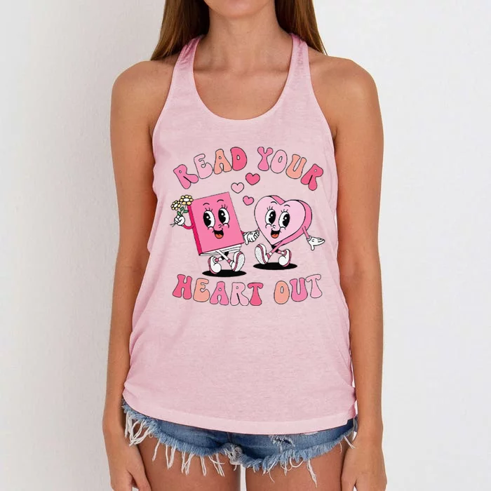 Retro Read Your Heart Out ValentineS Day Teacher Book Lover Women's Knotted Racerback Tank