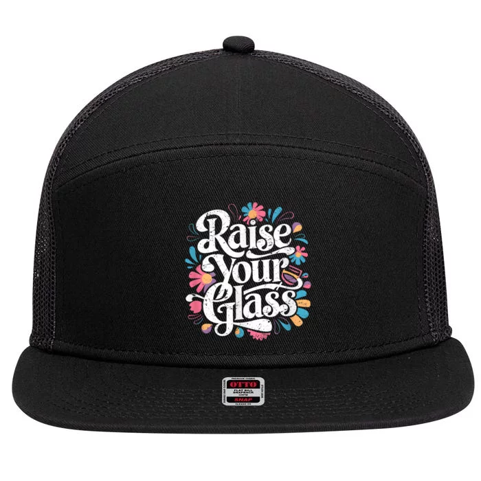 Retro Raise Your Glass Party Cheers 7 Panel Mesh Trucker Snapback Hat