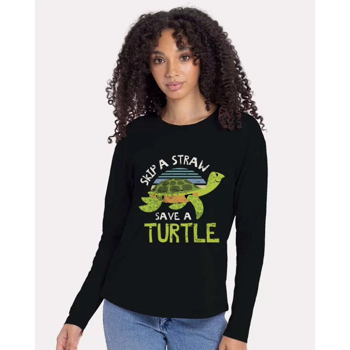 Retro Skip A Straw Save A Turtle Design Idea Green Gift Womens Cotton Relaxed Long Sleeve T-Shirt