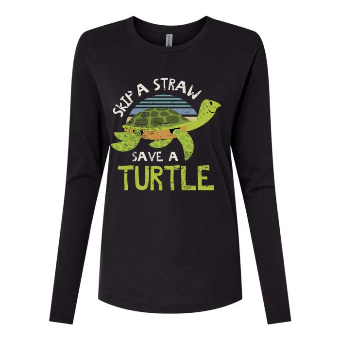 Retro Skip A Straw Save A Turtle Design Idea Green Gift Womens Cotton Relaxed Long Sleeve T-Shirt