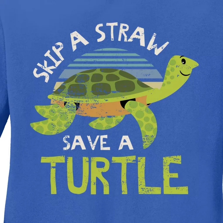 Retro Skip A Straw Save A Turtle Design Idea Green Gift Ladies Long Sleeve Shirt