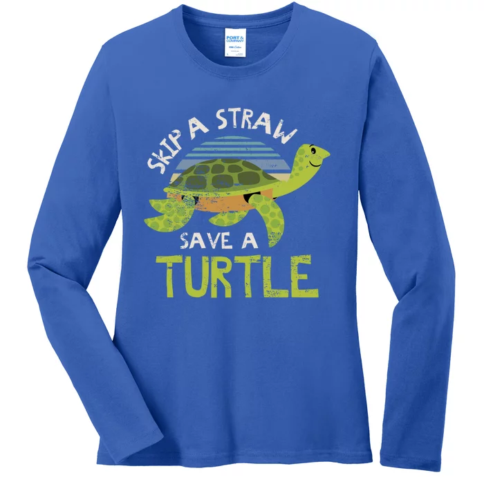 Retro Skip A Straw Save A Turtle Design Idea Green Gift Ladies Long Sleeve Shirt