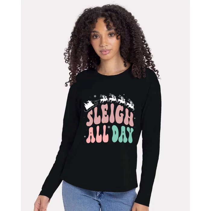 Reindeer Sleigh All Day Groovy Retro Christmas Pajamas Gift Womens Cotton Relaxed Long Sleeve T-Shirt