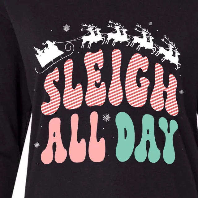 Reindeer Sleigh All Day Groovy Retro Christmas Pajamas Gift Womens Cotton Relaxed Long Sleeve T-Shirt