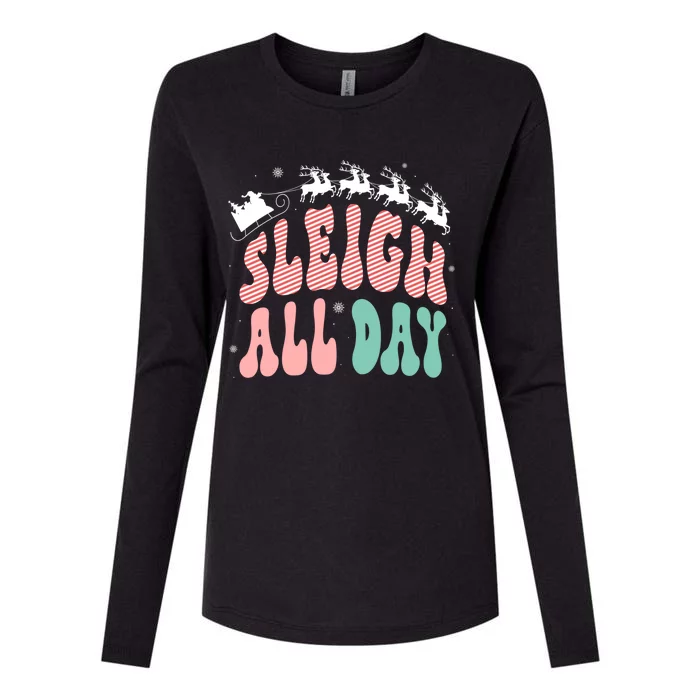 Reindeer Sleigh All Day Groovy Retro Christmas Pajamas Gift Womens Cotton Relaxed Long Sleeve T-Shirt