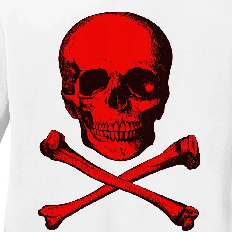 Red Skull And Crossbones Ladies Long Sleeve Shirt