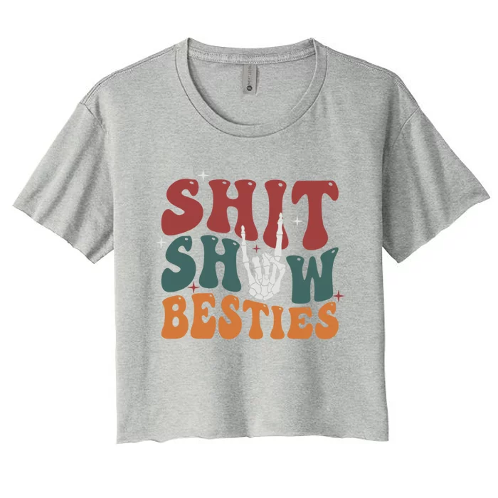 Retro Skeleton Adult Humor Shit Show Bestie Hand Cute Gift Women's Crop Top Tee