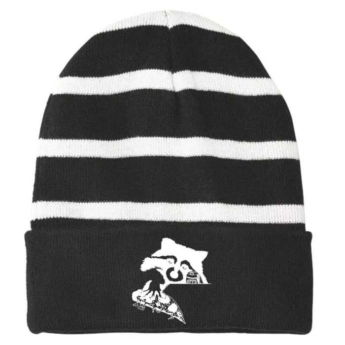 Raccoon Stealing Beer And Pizza Striped Beanie with Solid Band