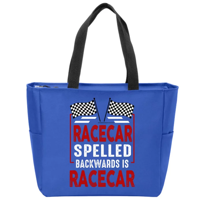 Racecar Spelled Backwards Funny Car Mechanic Race Car Zip Tote Bag