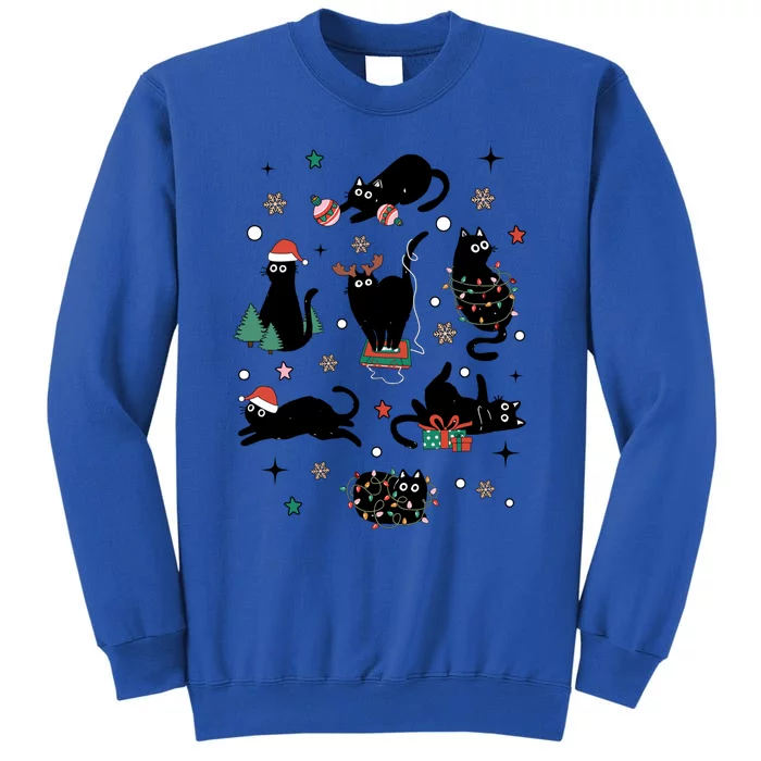 Retro Santa Black Cat Christmas Lights Xmas Cat Lovers Gift Tall Sweatshirt