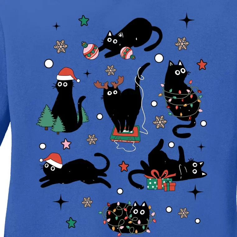 Retro Santa Black Cat Christmas Lights Xmas Cat Lovers Gift Ladies Long Sleeve Shirt