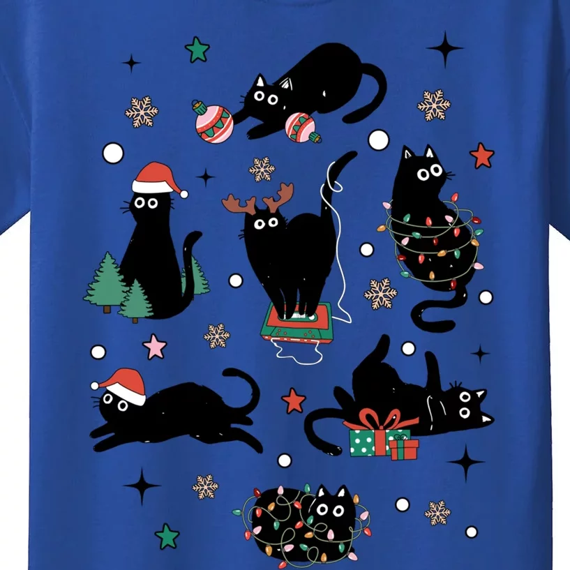 Retro Santa Black Cat Christmas Lights Xmas Cat Lovers Gift Kids T-Shirt