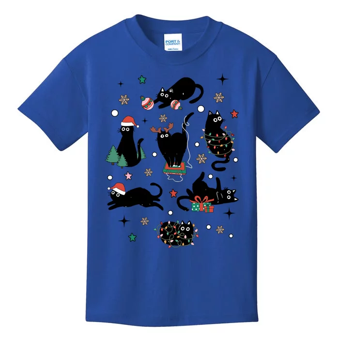 Retro Santa Black Cat Christmas Lights Xmas Cat Lovers Gift Kids T-Shirt