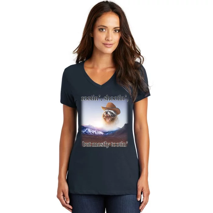 Rootin Shootin But Mostly Tootin Cowboy Raccoon Word Art Women's V-Neck T-Shirt